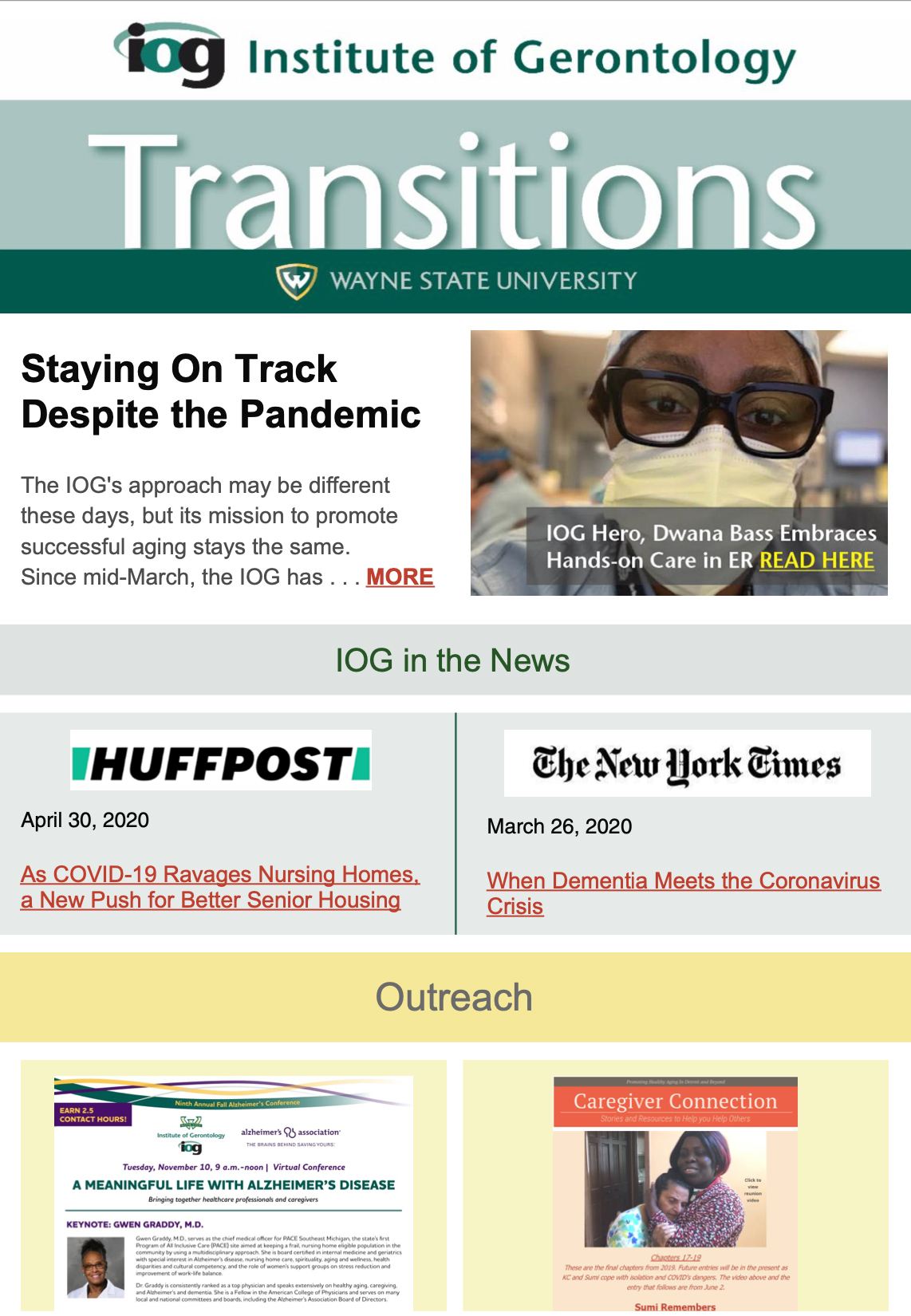 Cover of Transitions Fall 2020 newsletter.