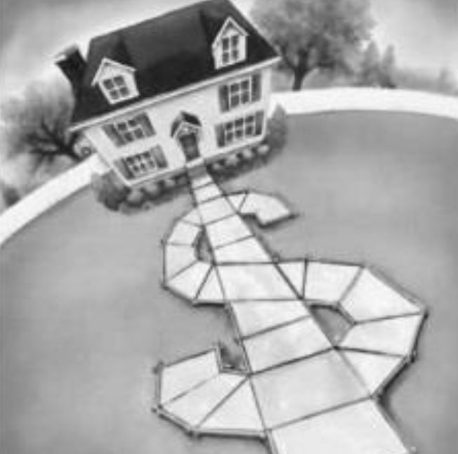 Image of a home with a sidewalk shaped like a dollar symbol.