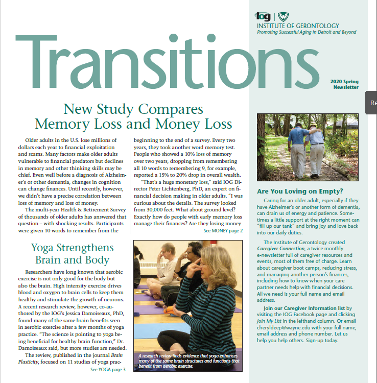 Cover of Transitions Spring 2020 newsletter.